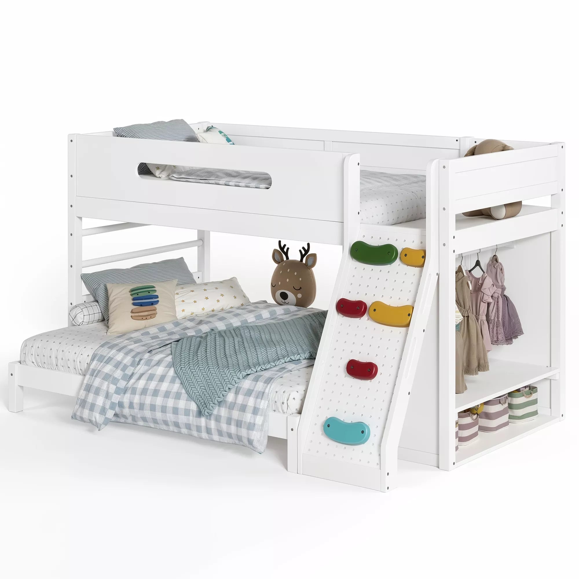Bellemave® Solid Wood Bunk Bed with Built-in Wardrobe, Storage & Kids Climbing Wall, Full Safety Guardrails, Reinforced Wood Slats, Multiple Sizes Available Bellemave®