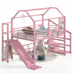Pink house loft bed with slide and playhouse style design for kids