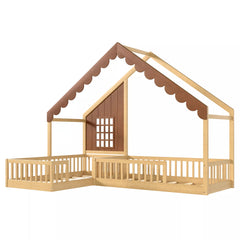 Side view of a low-profile wooden house bed with a peaked roof and guardrails