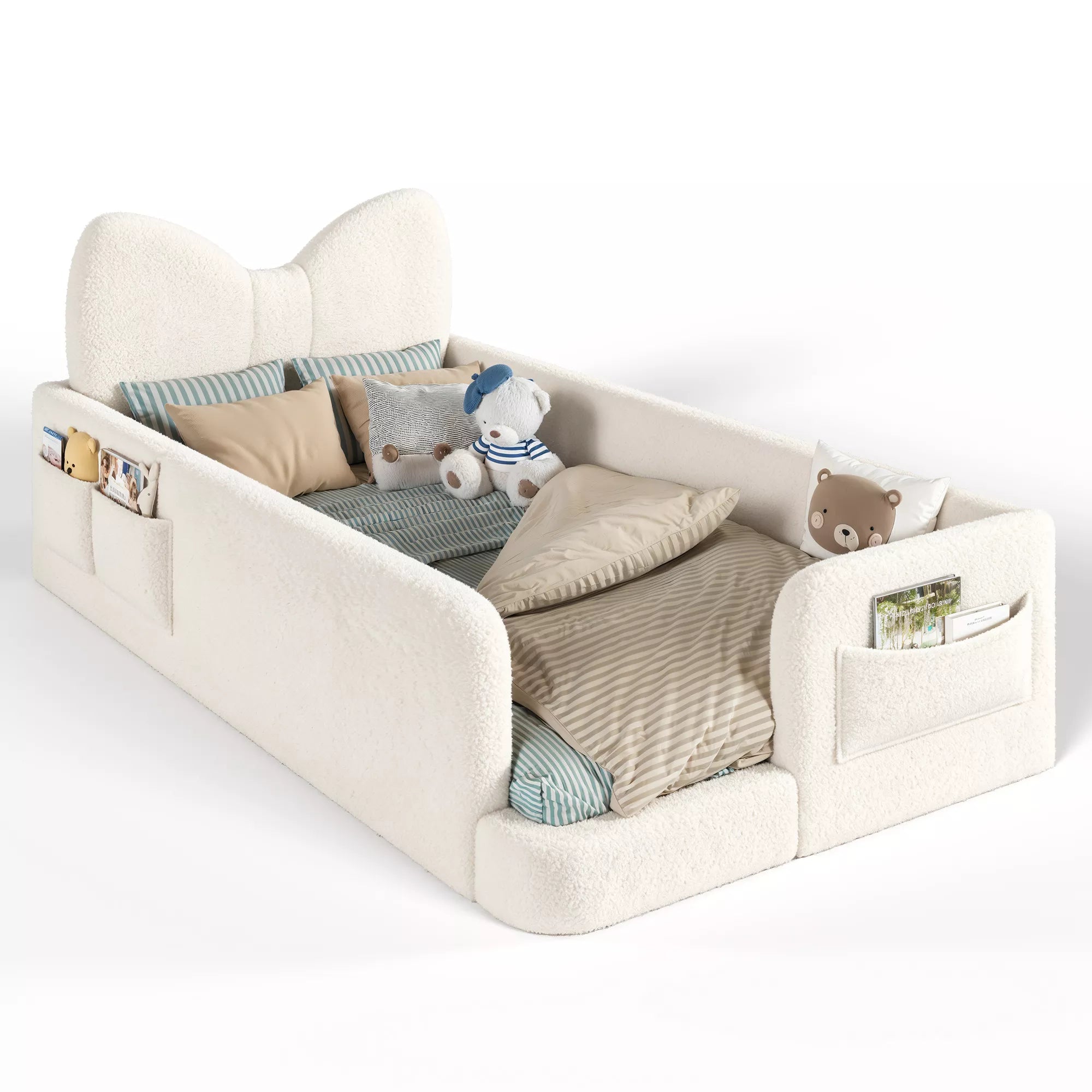 kids upholstered platform bed with side storage pockets