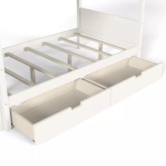 Close-up of the two storage drawers and mattress support slats on a white bunk bed