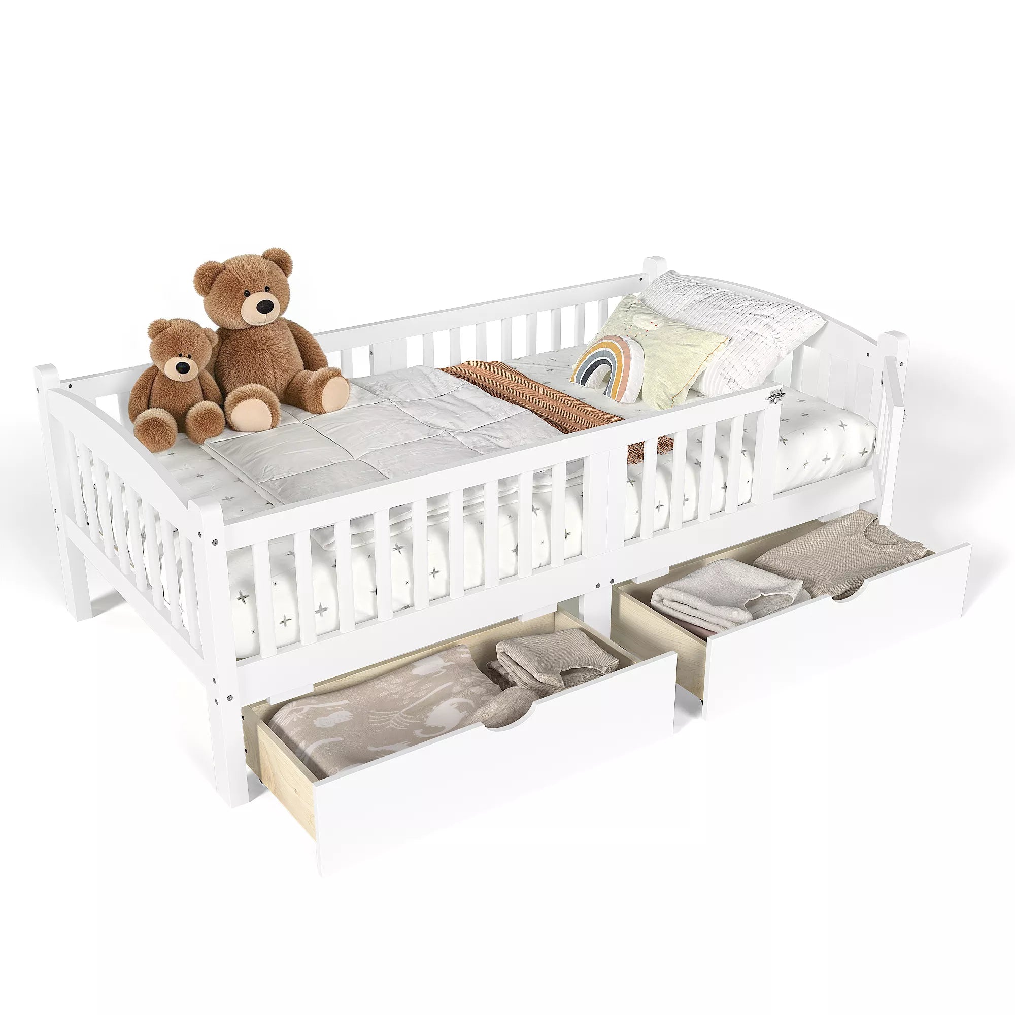 kids platform bed with storage drawers in bedroom