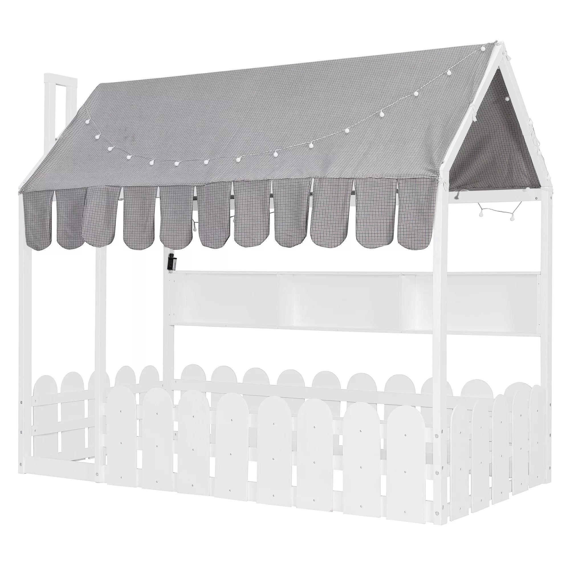Bellemave® Montessori House Floor Bed for Kids with Fence Railings, Tent & Lights, Wooden Kids Floor Bed Frame with 3 Storage Shelves, Low Profile Bed for Boys & Girls (Slats Not Included) Bellemave®