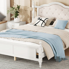 Bellemave® Queen Size Pine wooden Platform Bed with Upholstered Headboard and Panel Footboard