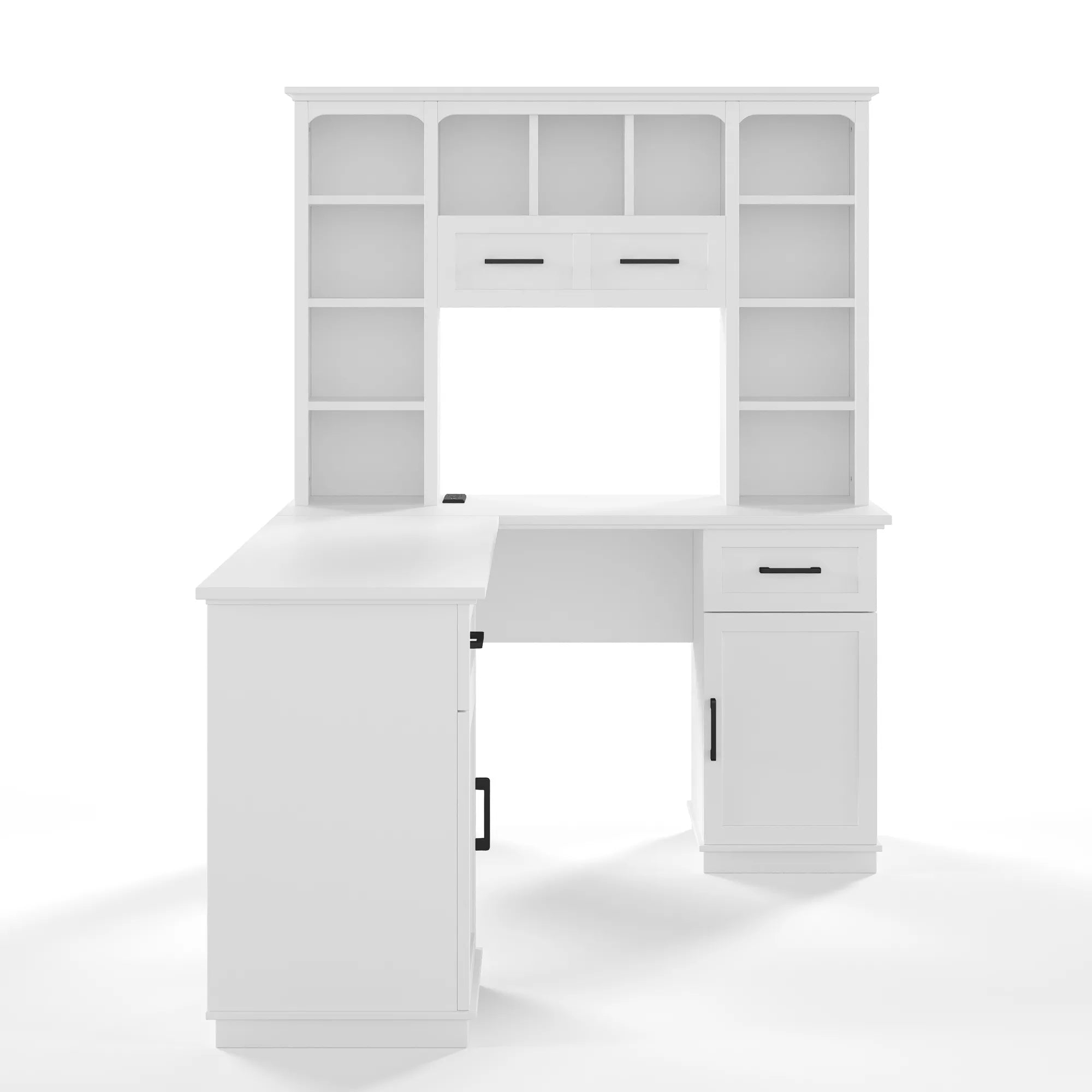 End view of the white computer desk showing the hutch and lower storage