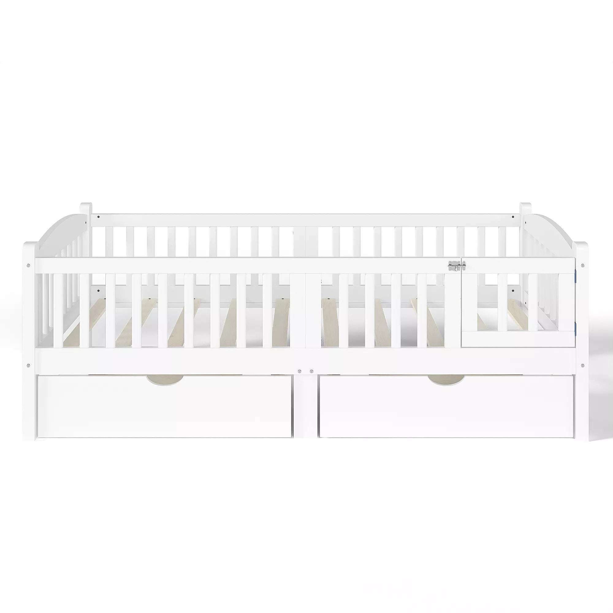white children's platform bed side view with guardrails