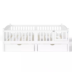 white children's platform bed side view with guardrails