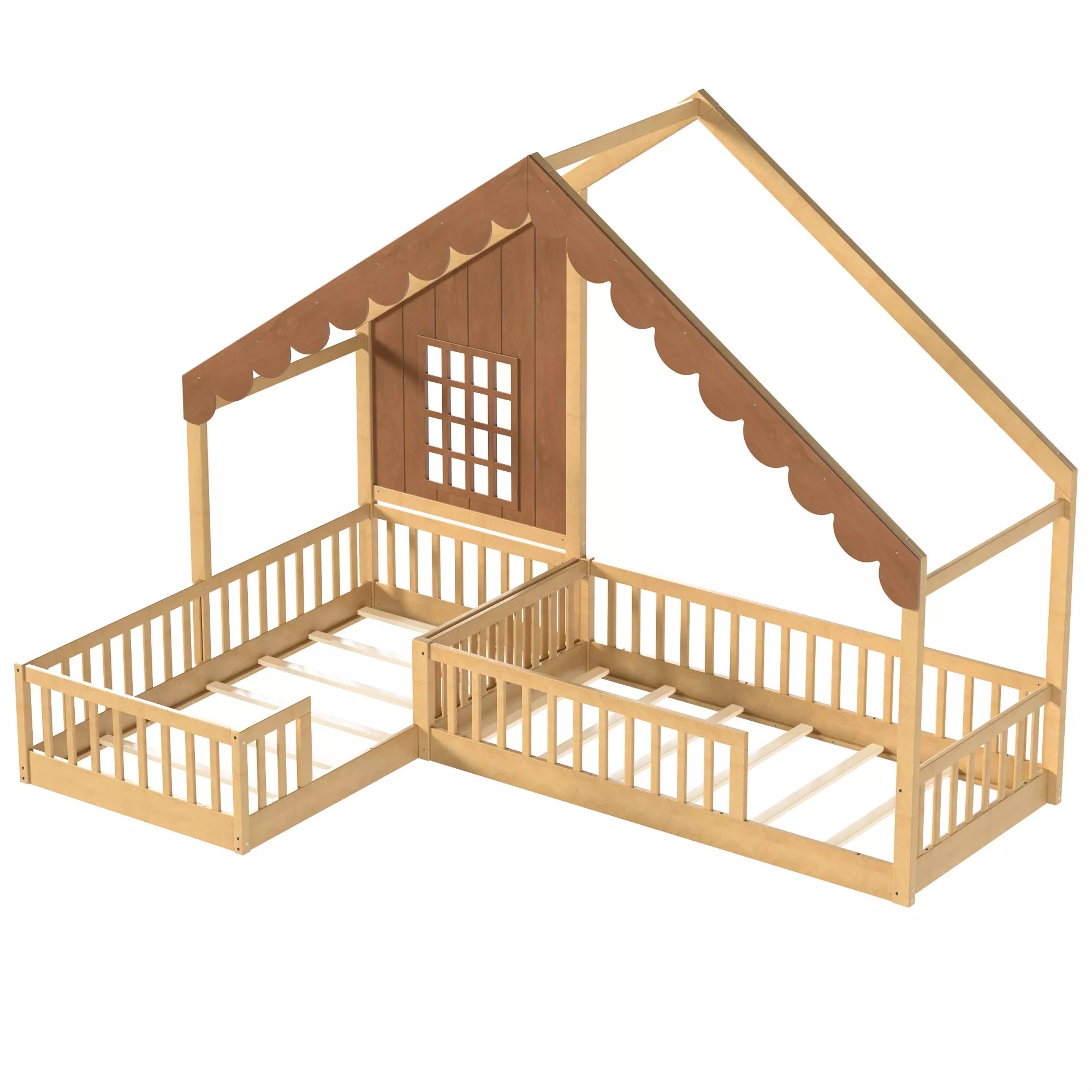 Angled view of a wooden house-shaped floor bed showing its connected bed layout