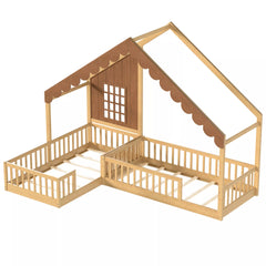 Angled view of a wooden house-shaped floor bed showing its connected bed layout