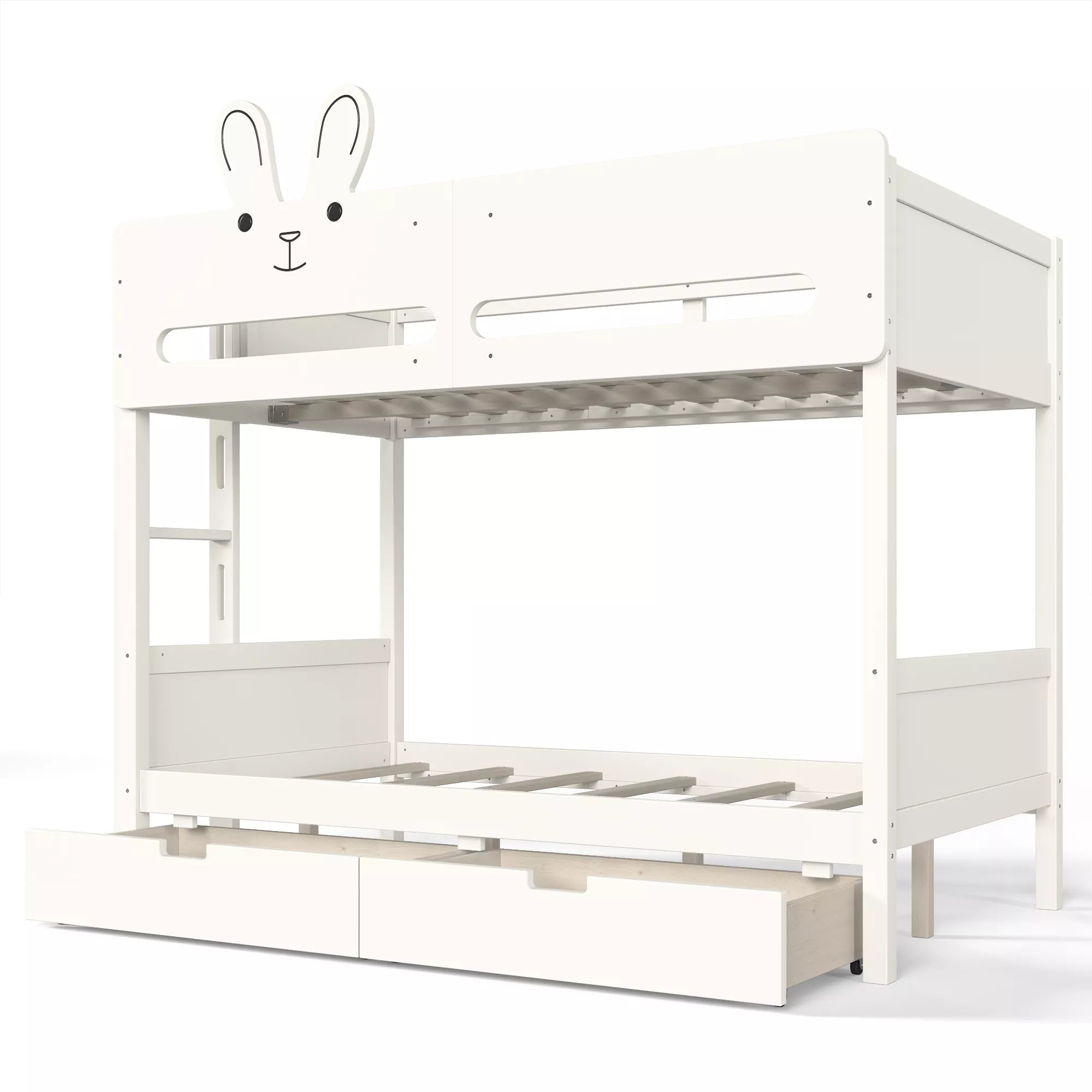 White rabbit headboard bunk bed with upper guardrails and lower storage drawers, front angled view