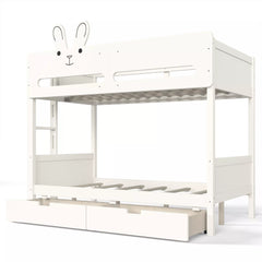 White rabbit headboard bunk bed with upper guardrails and lower storage drawers, front angled view