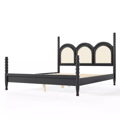 queen size bed with curved arched woven headboard and poster posts