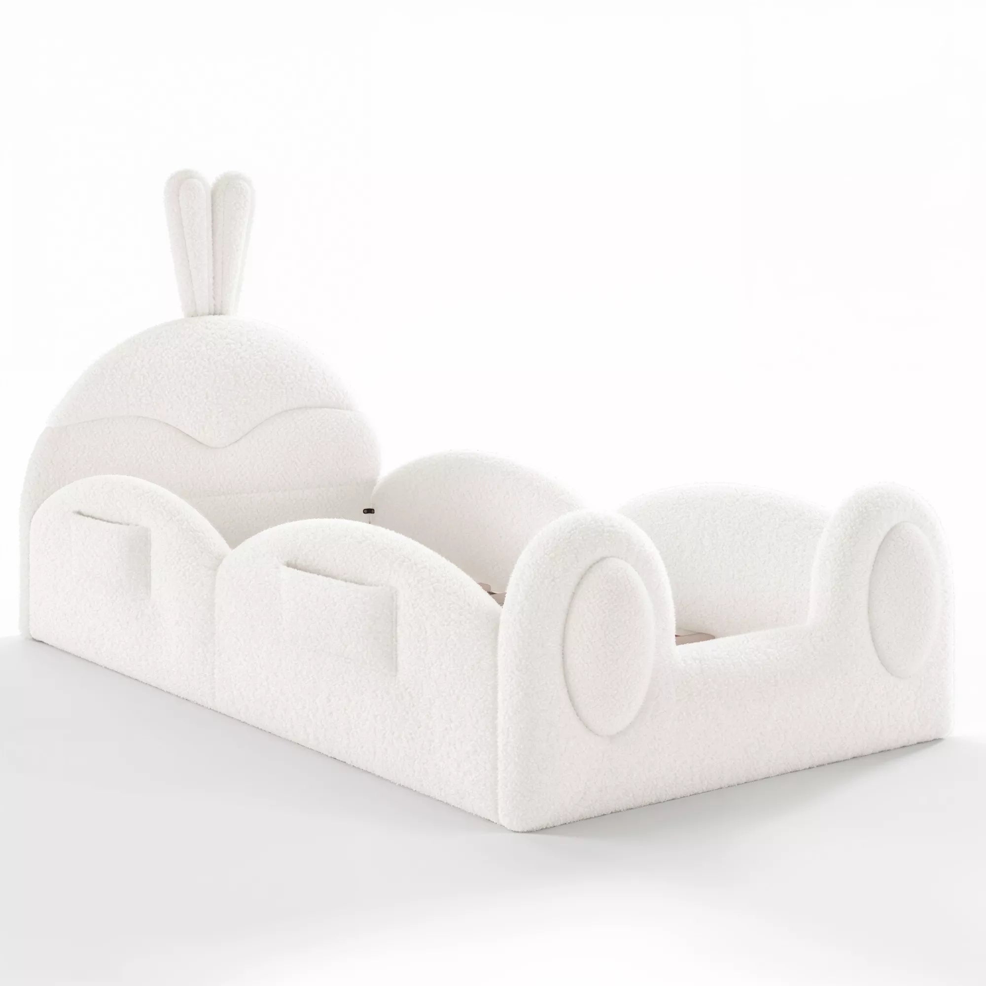 Low profile kids upholstered floor bed side view