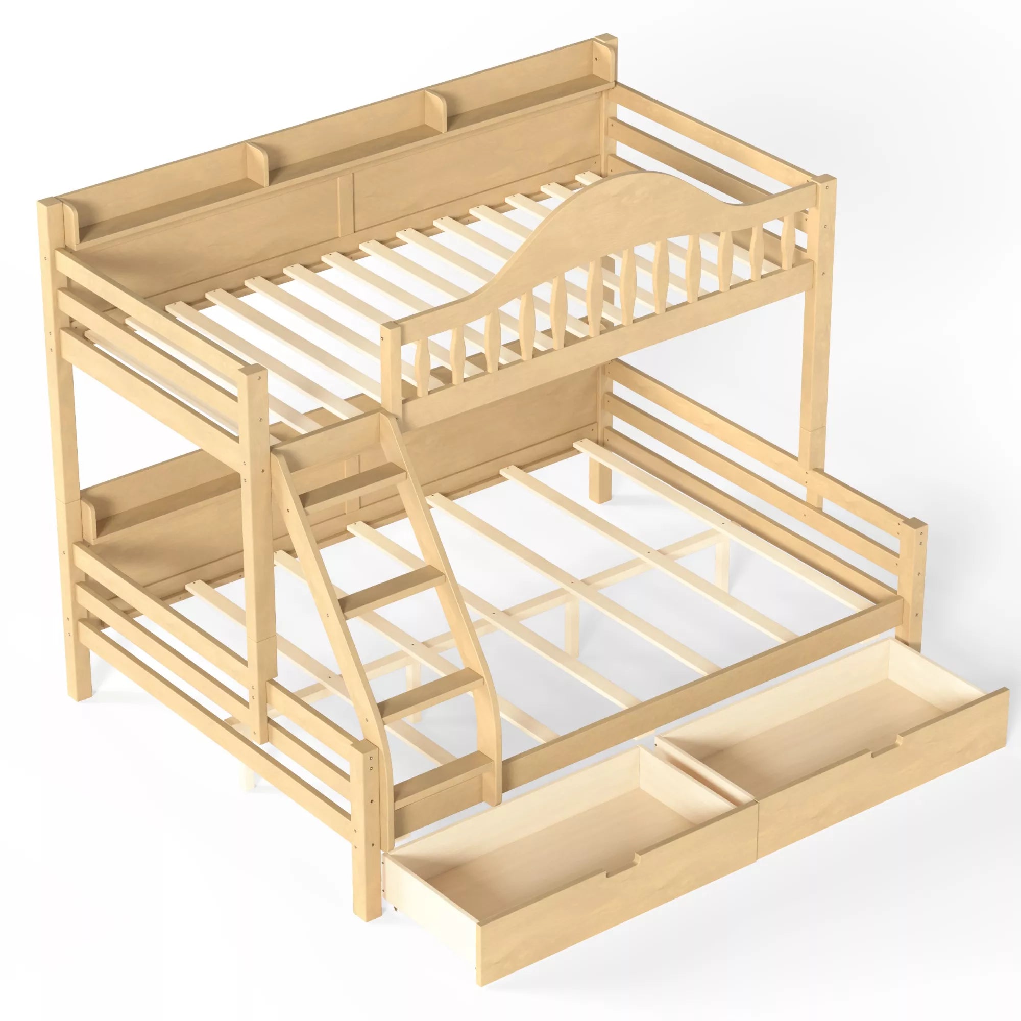 Over‑view solid wood bunk bed twin xl over queen with storage drawers and shelves
