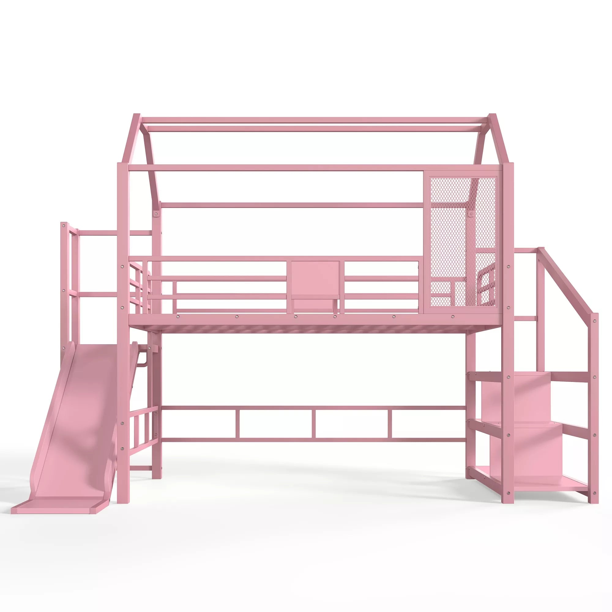 Metal house loft bed frame with slide and stairs for children bedroom