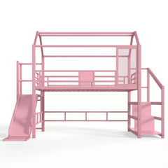 Metal house loft bed frame with slide and stairs for children bedroom