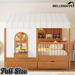 Bellemave® Full Size House Bed with 2 Large Drawers, Side Bookshelf with LED Strip, Cozy Reading Nook & Playhouse for Boys & Girls Bellemave®