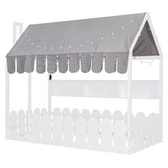 Bellemave® Montessori House Floor Bed for Kids with Fence Railings, Tent & Lights, Wooden Kids Floor Bed Frame with 3 Storage Shelves, Low Profile Bed for Boys & Girls (Slats Not Included) Bellemave®
