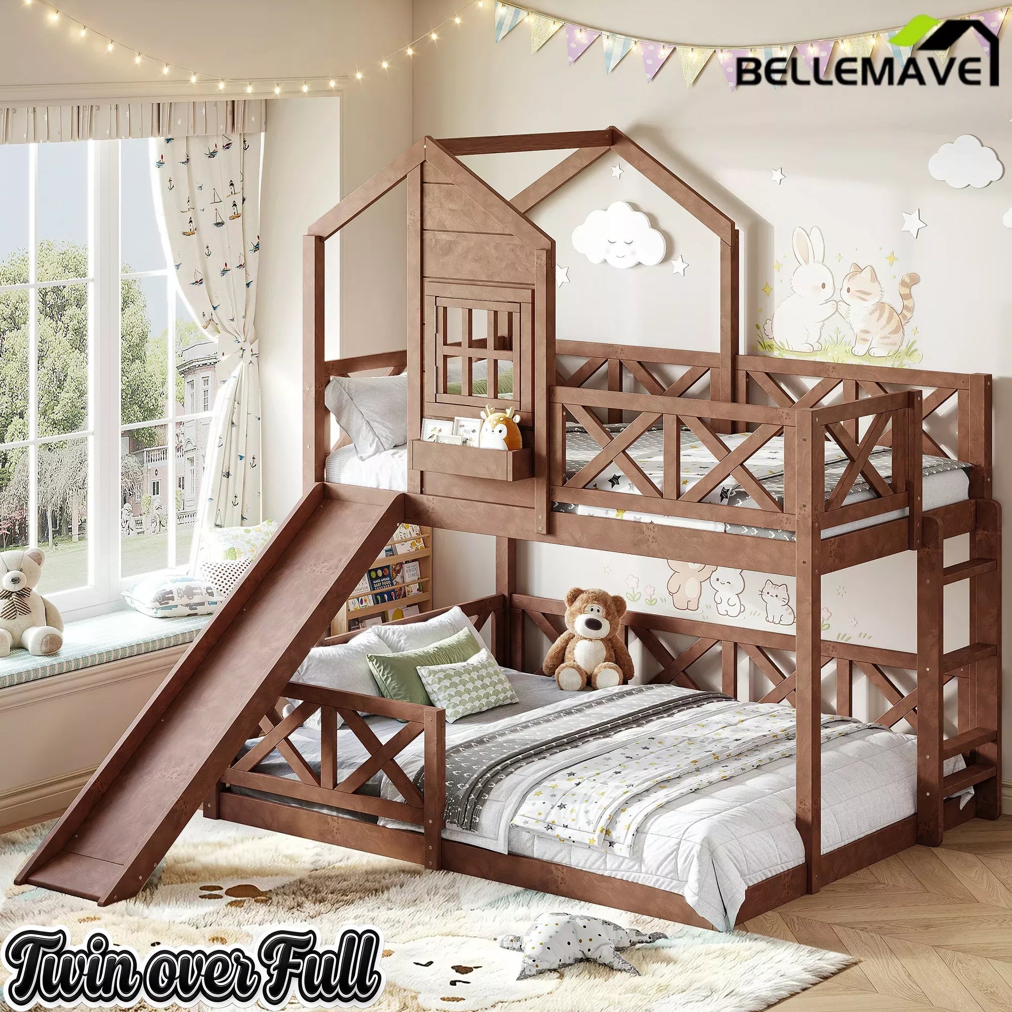 Bellemave® Bunk Bed Twin Over Full with Rail & Slide, House Bed for Kids, Floor Bunk bed with Fence Bellemave®