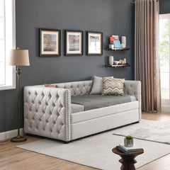 Bellemave® Upholstered Tufted Daybed with Trundle Bed, with Button and Copper Nail on Square Arms