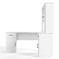 Side profile of the white desk showing the worktop, drawer, and cabinet