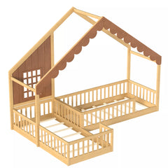 Wooden house floor bed frame with two low sleeping areas and surrounding guardrails