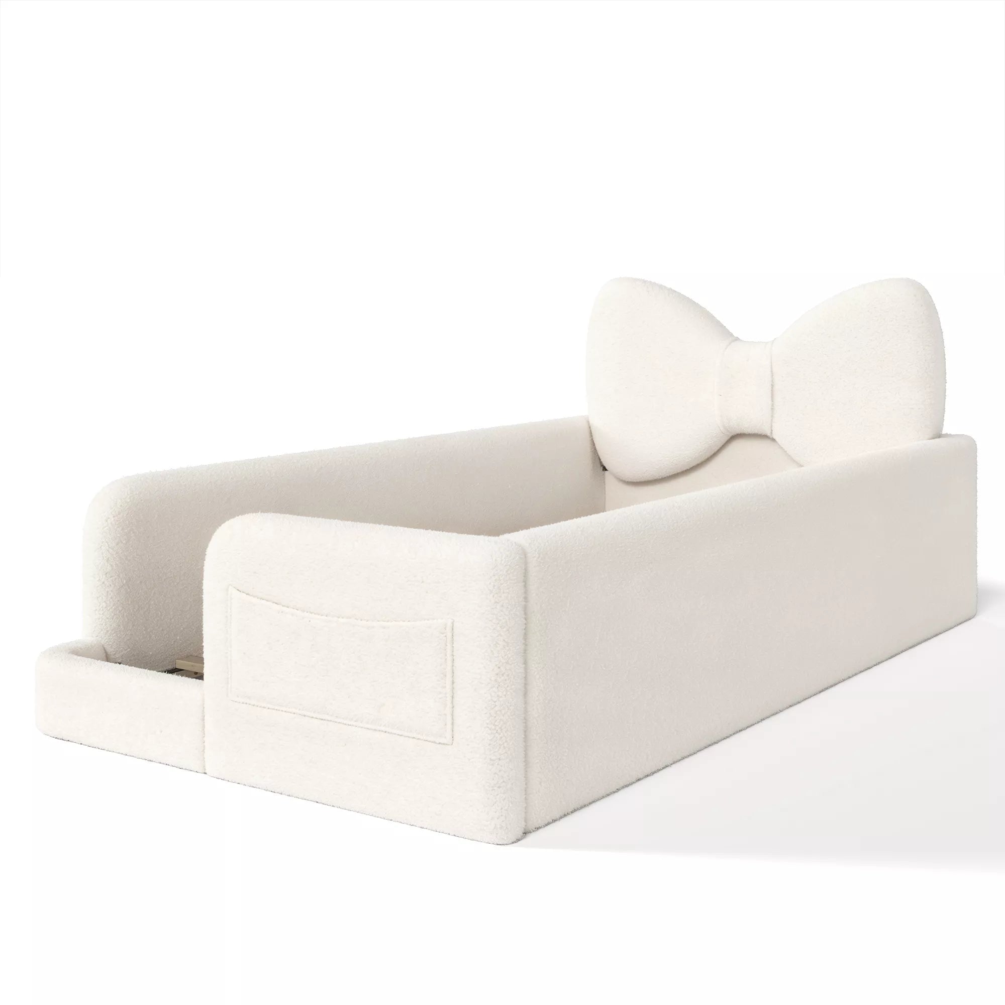 white upholstered kids bed frame with bow shaped headboard design
