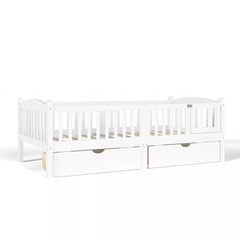white platform bed frame with storage drawers