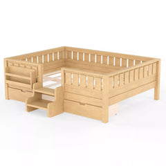 Bellemave® Kids Twin Size Montessori Bed Frame with Built-in Storage Shelves and Drawers, Floor Bed with Staircase and Full-Length High Rails,for Boys, Girls, Wood,Easy Assemble Bellemave®
