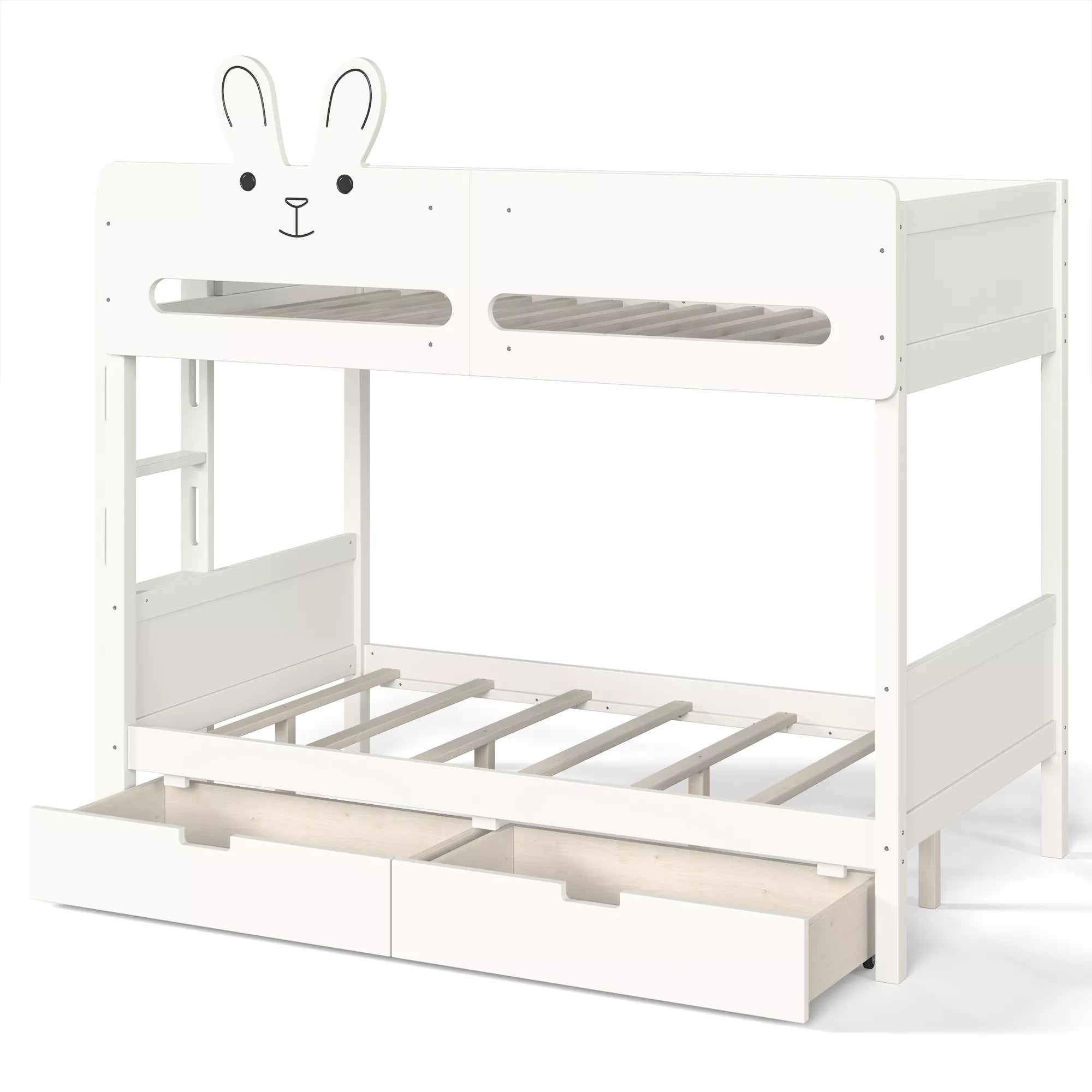 Angled view of white kids bunk bed with rabbit headboard, guardrails and bottom storage drawers