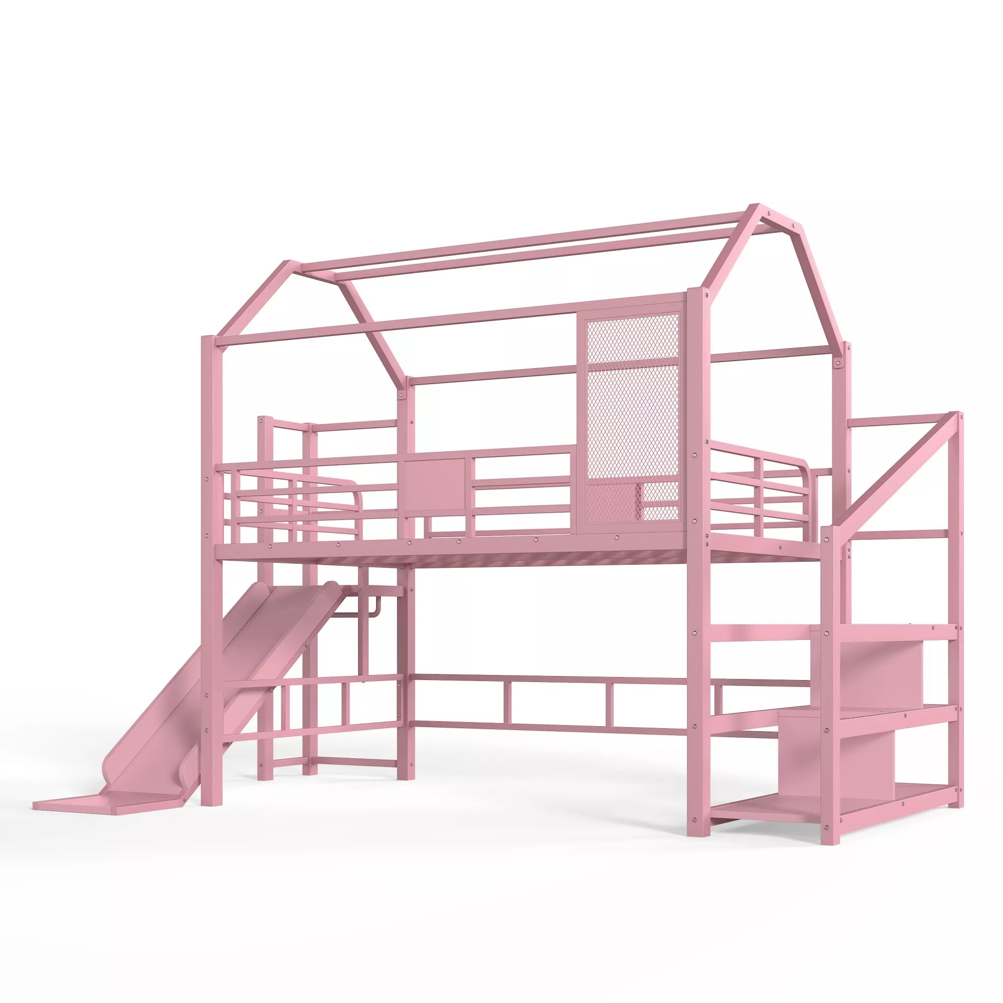 Kids house loft bed with roof design and built in storage shelves