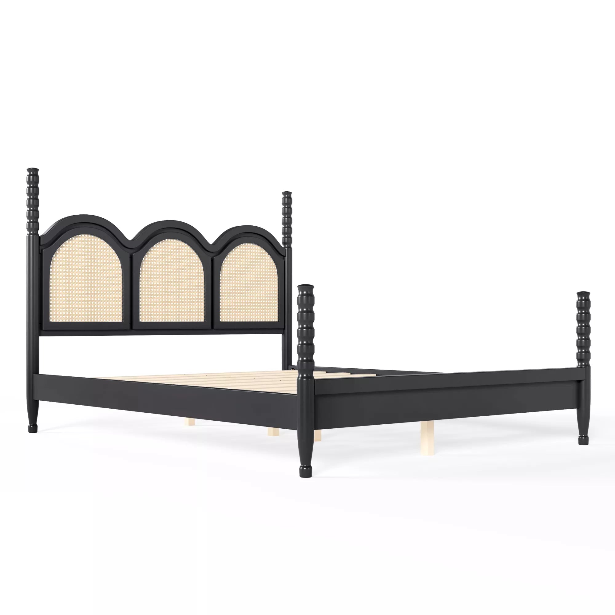 wooden platform bed frame with decorative arched headboard design