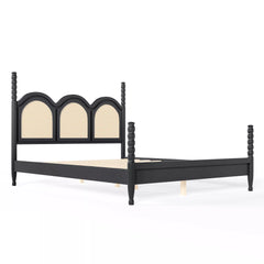 wooden platform bed frame with decorative arched headboard design