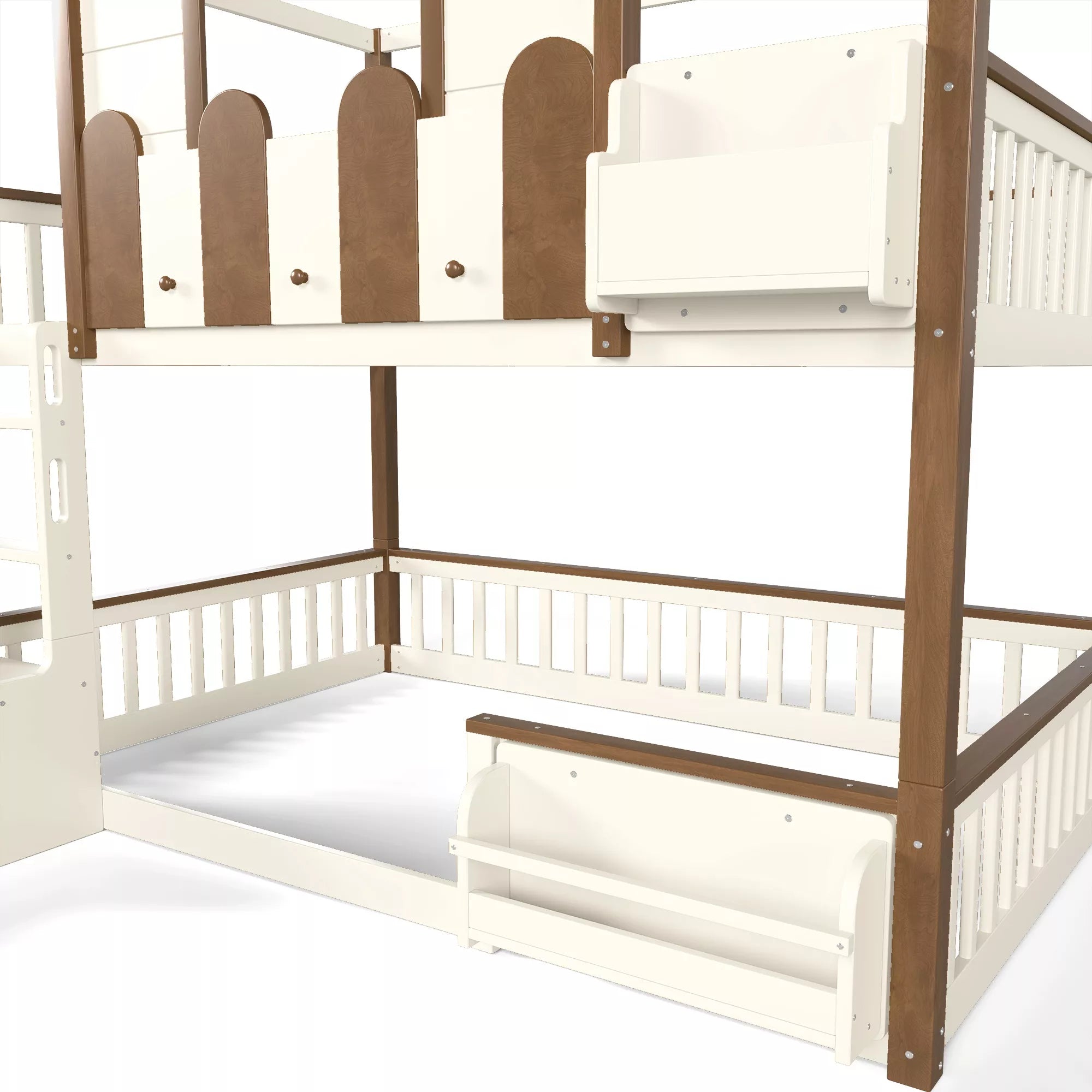 Bellemave® Full Over Full Wooden House Shaped Bunk Bed with Roof, Bookshelves and Storage Drawer — Converts Into Two Full Beds Bellemave®
