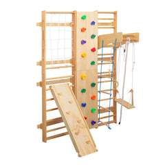 Bellemave® Toddler Climbing Toys Indoor - Featuring a Rock Climbing Wall, Wooden Swings, Gymnastic Rings, Rope Ladders, and Stretching Equipment,All-in-One 10-in-1