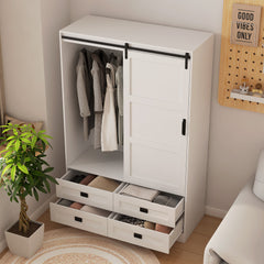 Bellemave® Modern Wardrobe with Hanging Rod and Barn Door ,Drawers  and Open Shelves