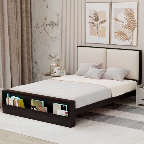 Bellemave® Platform Bed with Upholstered Headboard and Bookshelf in Footboard and LED Light Strips