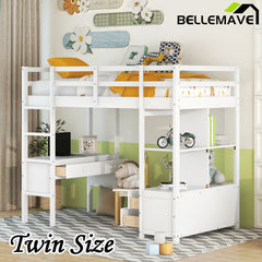 Bellemave® Loft Bed with Built-in Desk and 2 Drawers,Storage Shelves