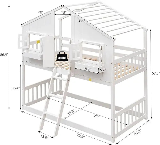 Bellemave® Twin Size House Bunk Bed with Roof and Window,Window Box and Door,Safety Guardrails and Ladder Bellemave®