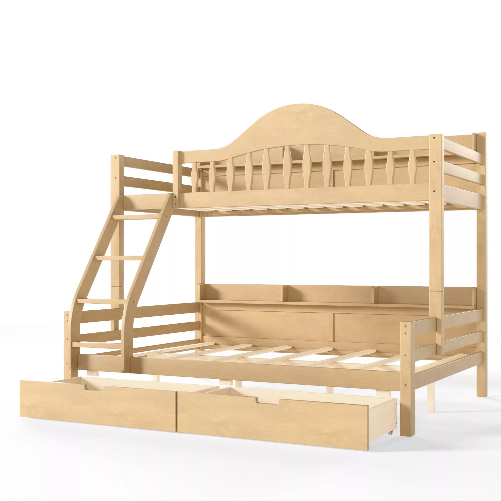 Solid wood kids bunk bed with storage drawers, side open shelves and angled ladder, natural wood finish