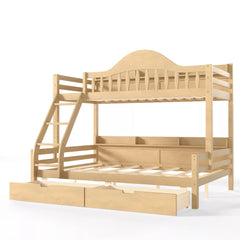 Solid wood kids bunk bed with storage drawers, side open shelves and angled ladder, natural wood finish