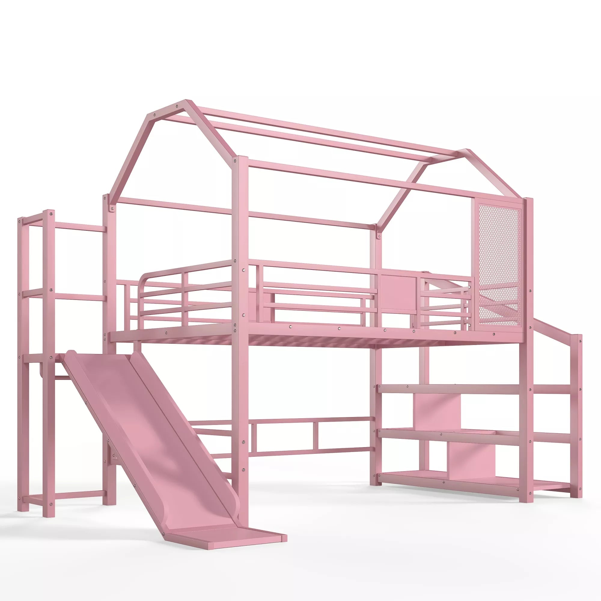 Pink metal loft bed with slide stairs and house shaped roof