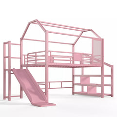 Pink metal loft bed with slide stairs and house shaped roof