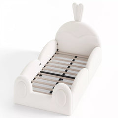 White rabbit headboard toddler bed frame front angle view