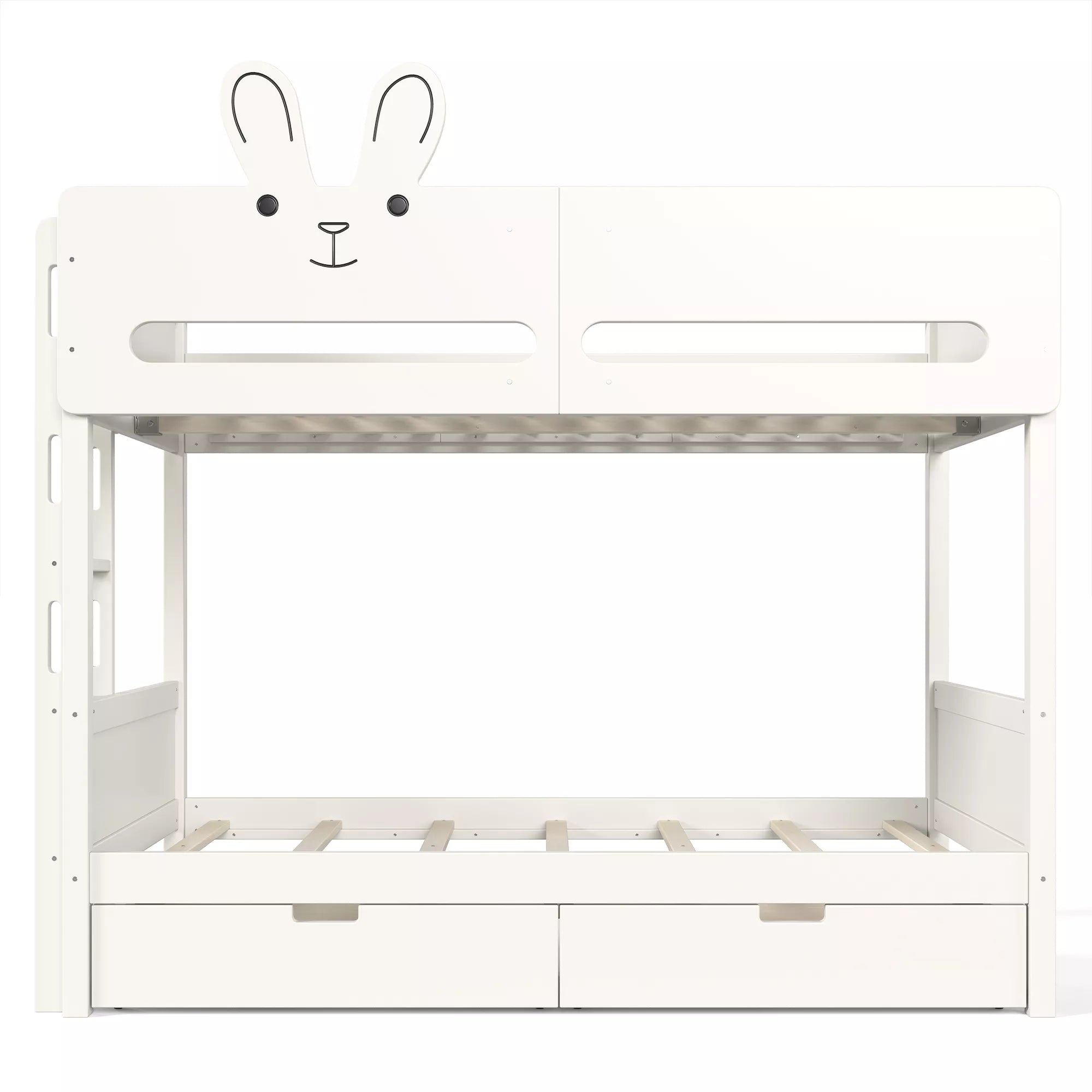 Front view of white rabbit design bunk bed with two drawers beneath the lower sleeping area