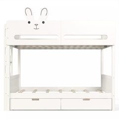 Front view of white rabbit design bunk bed with two drawers beneath the lower sleeping area