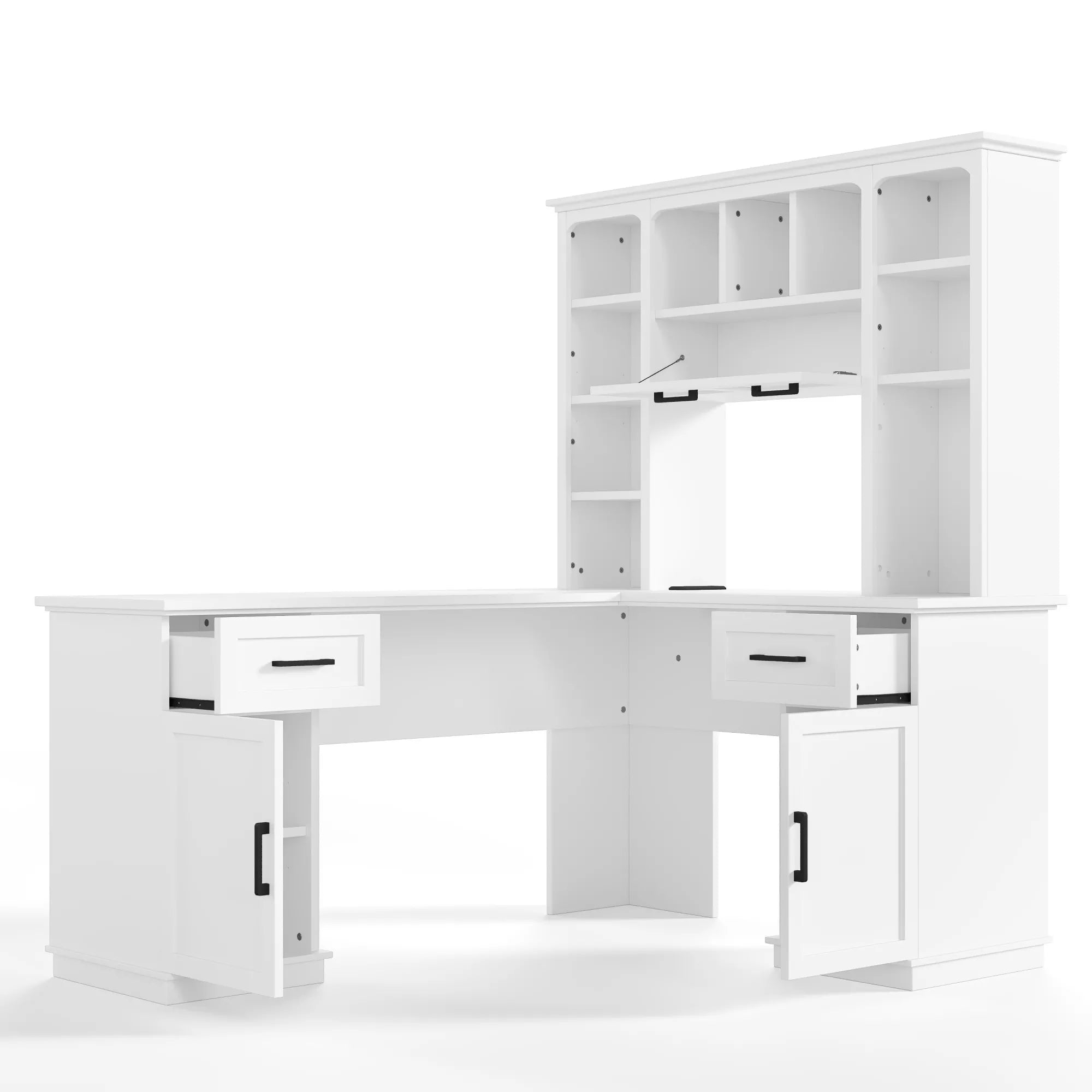 Front angled view of the white L-shaped desk with open-shelf hutch
