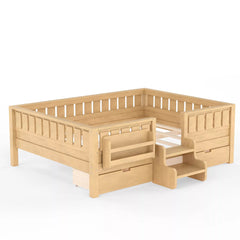 Bellemave® Kids Twin Size Montessori Bed Frame with Built-in Storage Shelves and Drawers, Floor Bed with Staircase and Full-Length High Rails,for Boys, Girls, Wood,Easy Assemble Bellemave®