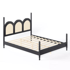 queen platform bed with woven headboard and elevated frame structure