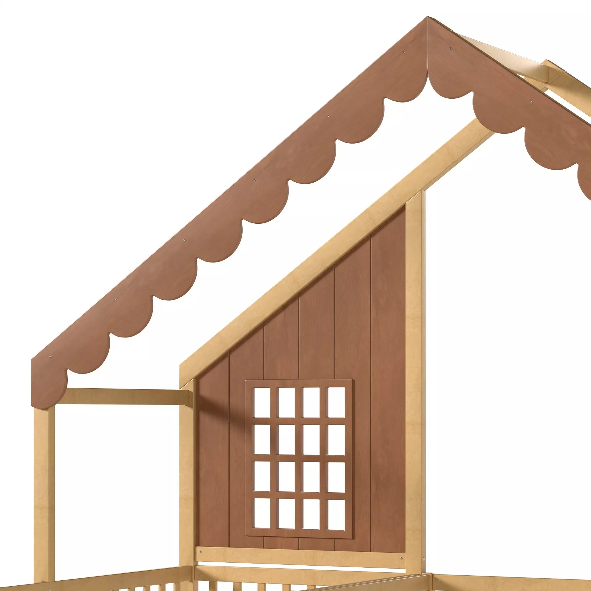 Close-up of the decorative window and scalloped roof trim on a wooden house bed